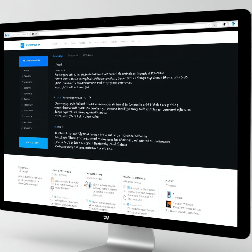 На мониторе компьютера отображается интерфейс сайта WordPress в темной тематике с боковым навигационным меню, основным контентом на незнакомом скрипте, а также различными иконками и информационными разделами - идеальными для управления SEO или плагинами.