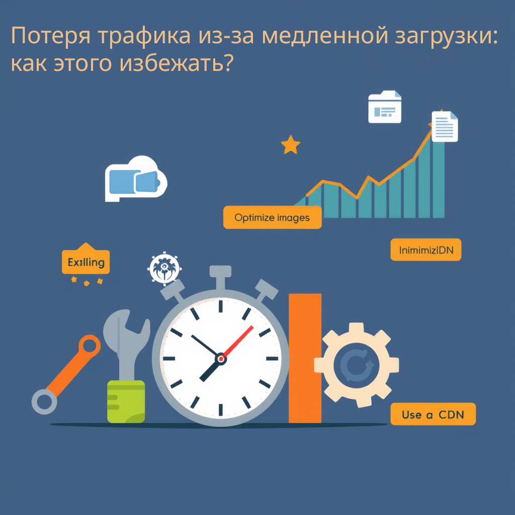 Иллюстрация с часами, инструментами и графиком, символизирующая замедленную загрузку сайта. Текст: Потеря трафика из-за медленной загрузки - как ускорить работу сайта на WordPress? Ошибки и решения по оптимизации.