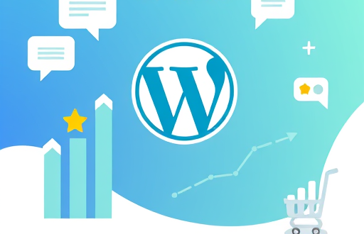 Логотип WordPress в окружении пятизвездочных оценок, пузырьков чата, гистограммы и корзины с восходящим графиком продаж, подчеркивающих рейтинги WordPress и отзывы WordPress для увеличения продаж и положительных отзывов.