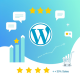 Логотип WordPress в окружении пятизвездочных оценок, пузырьков чата, гистограммы и корзины с восходящим графиком продаж, подчеркивающих рейтинги WordPress и отзывы WordPress для увеличения продаж и положительных отзывов.