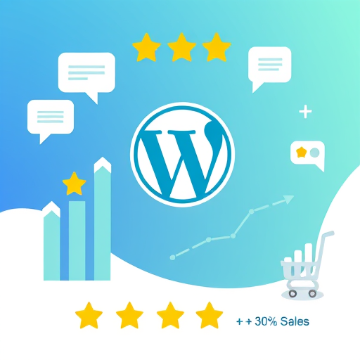 Логотип WordPress в окружении пятизвездочных оценок, пузырьков чата, гистограммы и корзины с восходящим графиком продаж, подчеркивающих рейтинги WordPress и отзывы WordPress для увеличения продаж и положительных отзывов.